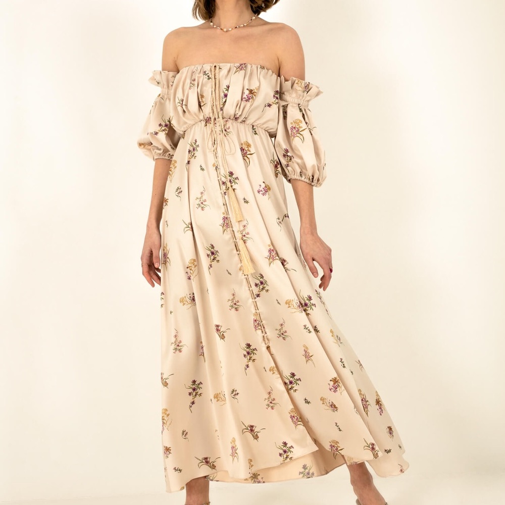 Overthesea Vintage off-shoulder midi dress floral print and balloon sleeves S - Picture 2 of 6